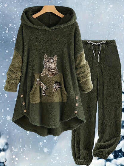 A cozy green polyester hoodie and pants set with a fluffy texture, featuring a charming cartoon cat and kittens design on the front pocket, displayed against a snowy background has been replaced by the Plus Size Casual Outfits Two Piece Set, Women's Plus Cat Print Fleece Long Sleeve Button Decor Hoodie & Pants Outfits 2 Piece Set from Maramalive™.