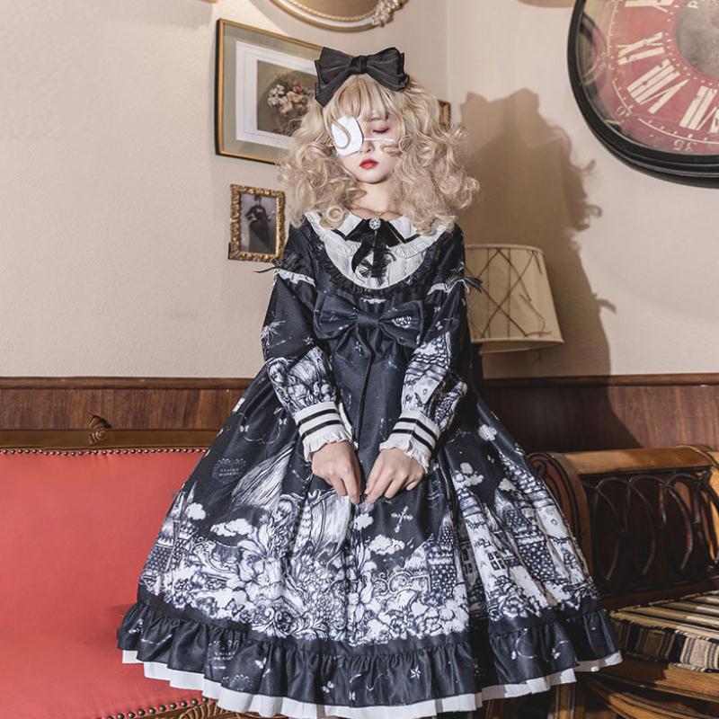 A girl in a Twilight Temptation: Gothic Lolita Dark Color Loli Autumn Winter Daily Lolita High dress from Maramalive™ posing on a couch.
