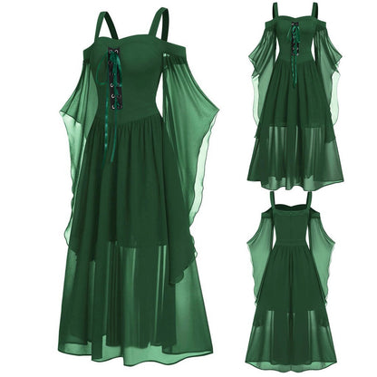 Bodice Dress, Bat Sleeves, Lace Up Front Straps Green
