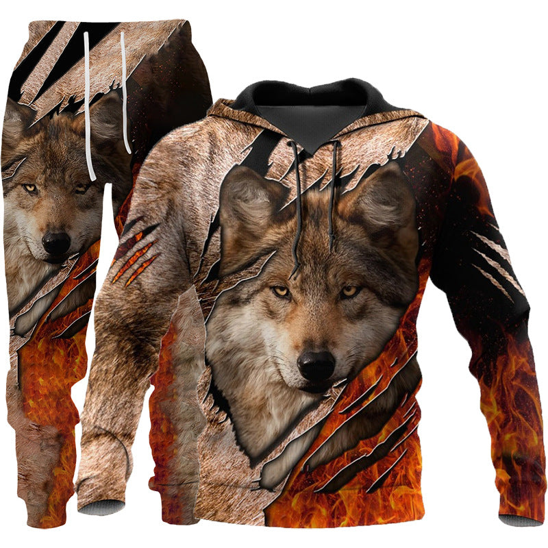 The Maramalive™ Hooded Tracksuit with Three-dimensional Art features a realistic wolf face with scratch marks and flames as the background design, bringing a touch of three-dimensional art to your athletic wear.