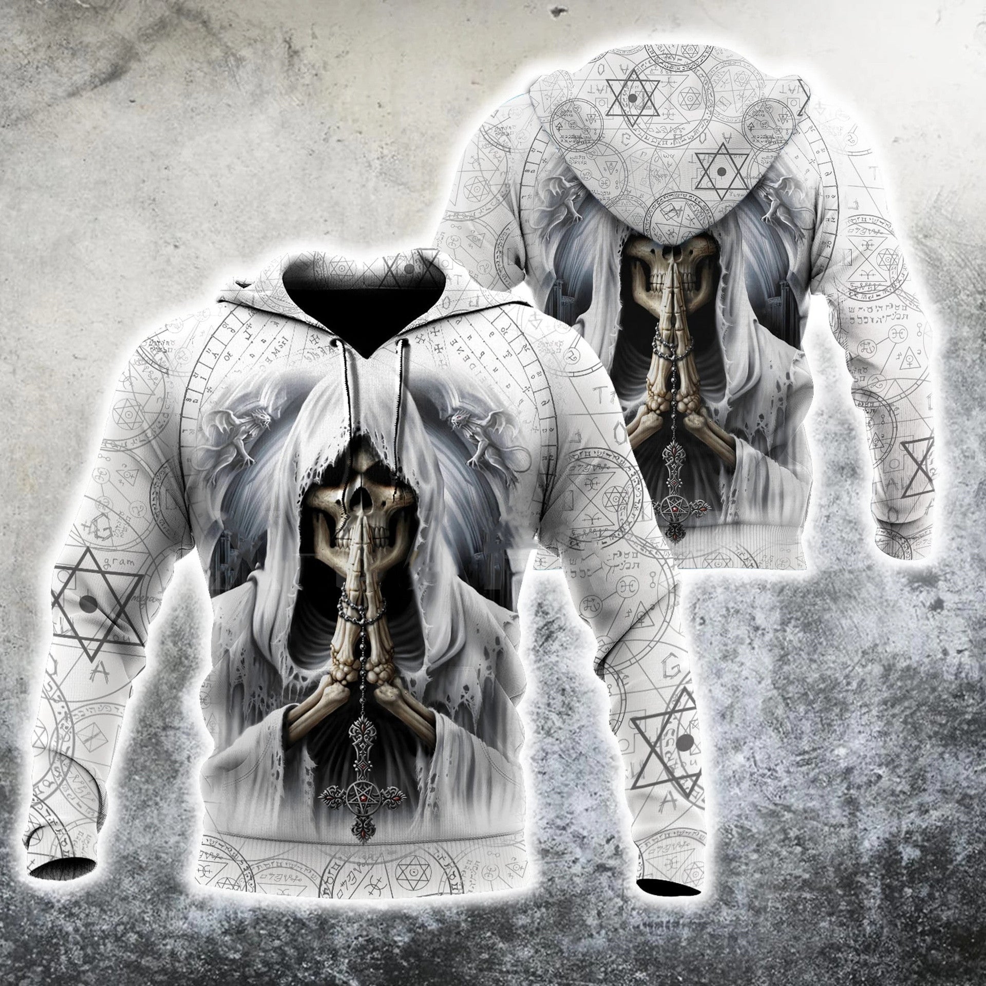 A Maramalive™ 3D Death Skull Halloween Guards white hoodie with an image of a skull and crossbones.