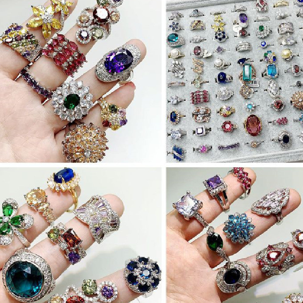 A woman's hand with a variety of Micro Gem Rings by Maramalive™.
