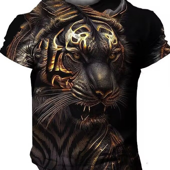 A 3D Printed Men's Crew Neck Casual T-shirt by Maramalive™ featuring a detailed graphic of a tiger with an illuminated, intricate pattern created through advanced digital printing using high-quality polyester fiber.