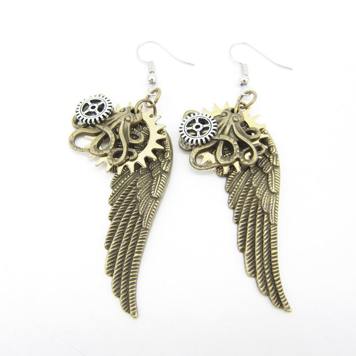 A pair of Maramalive™ European and American Retro Gear Earrings Steampunk DIY Handmade with gears and wings.