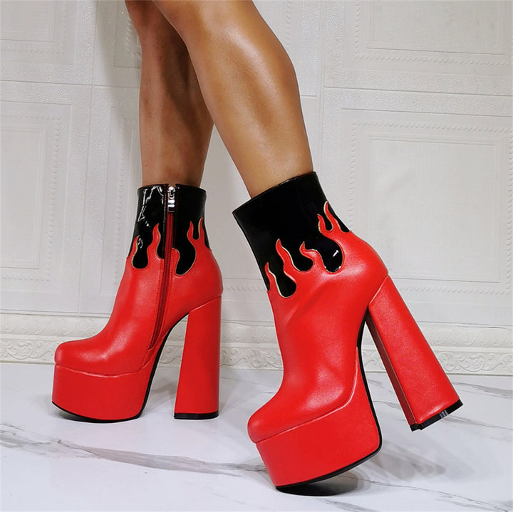 White and black Gothic Water Stage Flame Thick Heel Fashion Super High Heel Plus Size 47 Women's Short Boots by Maramalive™ featuring a vibrant color scheme and striking design.