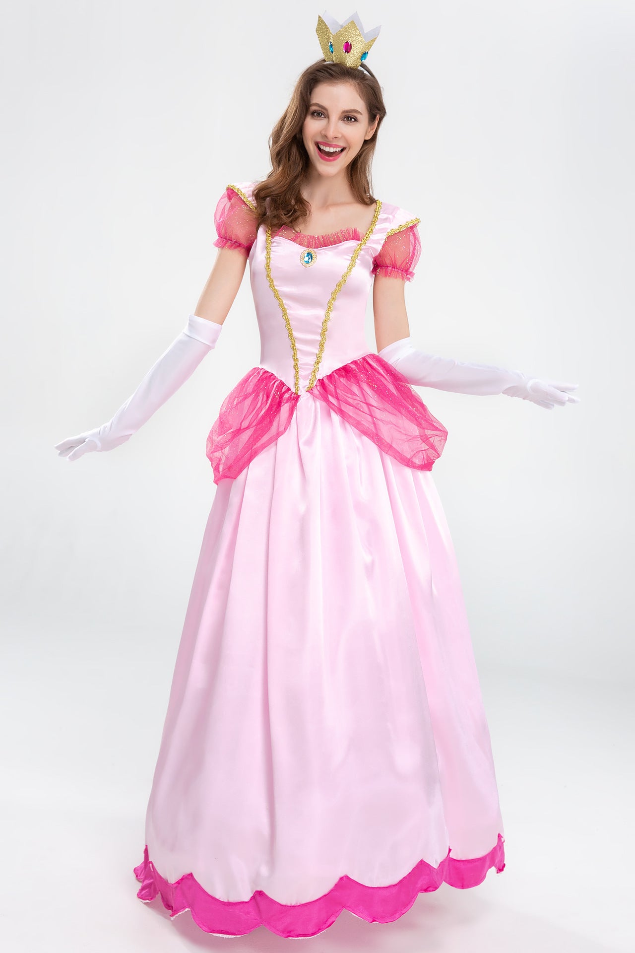 A woman in a pink Maramalive™ Halloween Party Princess Dress Stage Costume is posing for a photo.