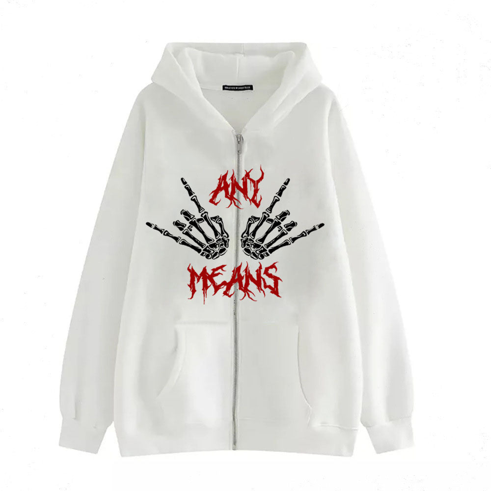 Dark Zipper Men's Sweatshirt Punk Hand Bone Print Hoodie