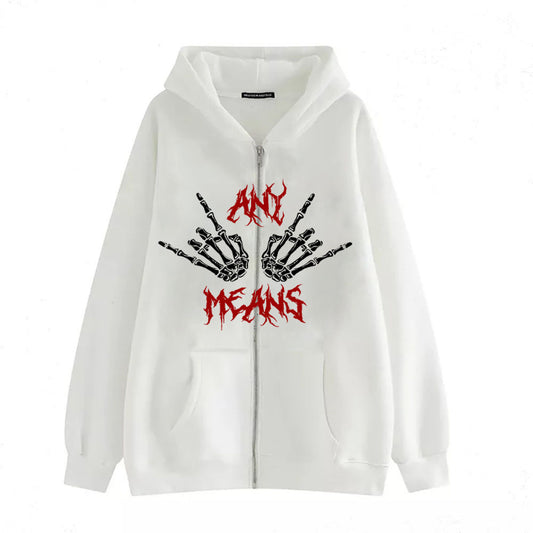 Maramalive™ Dark Zipper Men's Sweatshirt Punk Hand Bone Print Hoodie featuring an image of skeletal hands and red, stylized text reading "BAD MEANS" on the front.