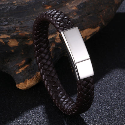 A Men's And Women's Simple Casual Engraved Personalized Leather Bracelet with a stainless steel clasp from Maramalive™.