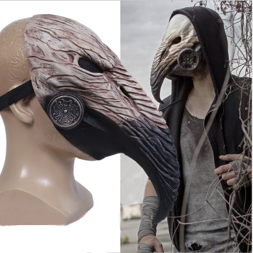A man in a Maramalive™ Halloween Plague Doctor Mask Steampunk Beak Black Death Virus Cosplay Latex Headgear Mask holding a gun.