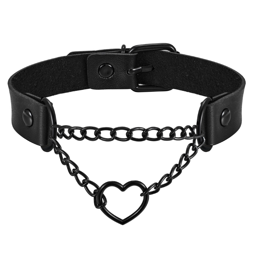 A woman wearing a Gothic Heart Leather Choker Necklace by Maramalive™.