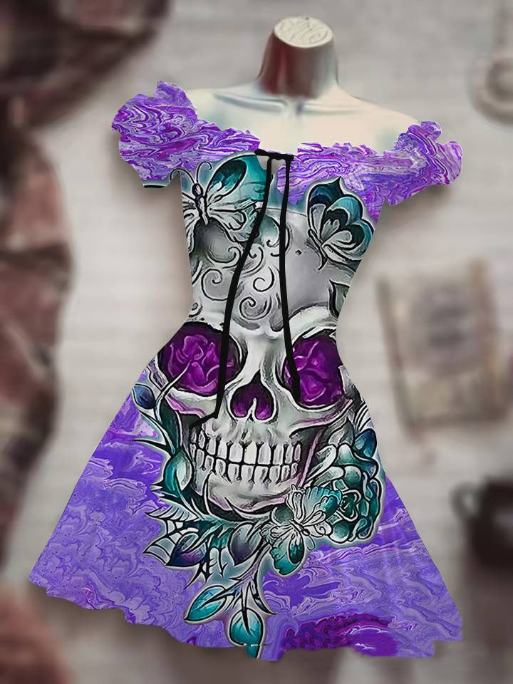 A Maramalive™ Halloween Print Drawstring Dress With Puffy Sleeves with purple roses and skulls on it.