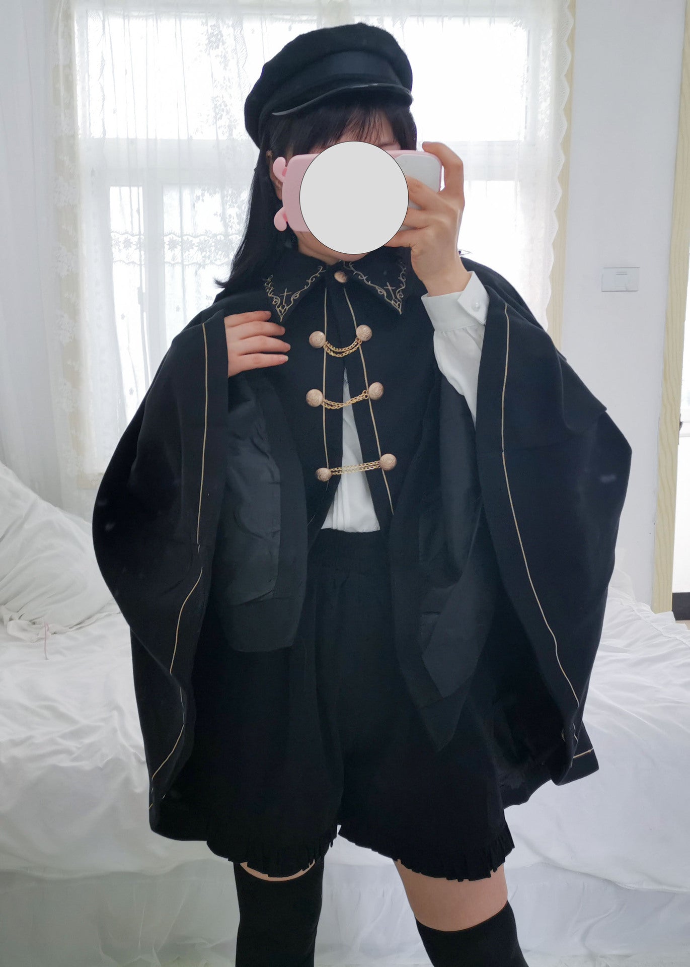 A girl in a Maramalive™ Japanese Style Soft And Hard Girl Cool Cos Role Lapel Dark Night Gothic Handsome Embroidered Swallowtail Woolen Cape Coat Coat taking a selfie.