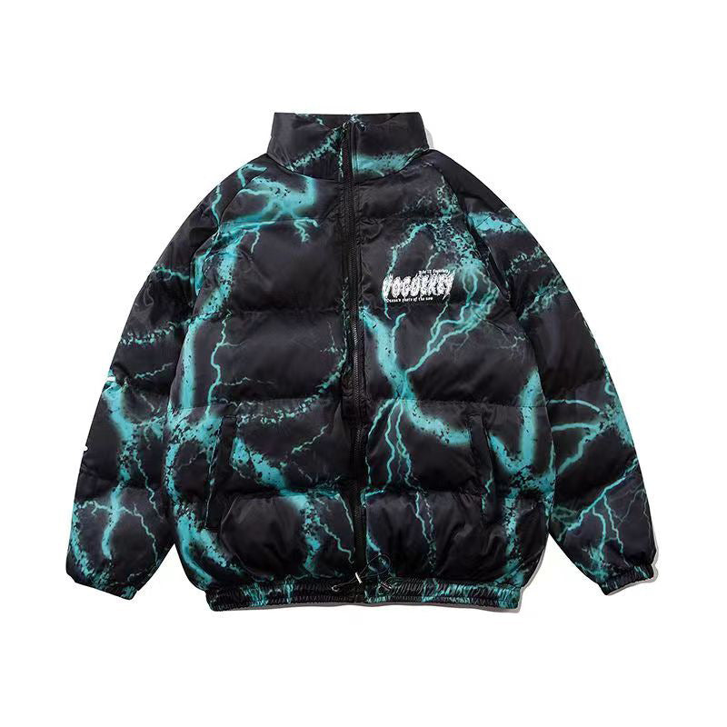 An Oversized Hip Hop Coat - Loose Fitting Urban Streetwear by Maramalive™ with an electric blue lightning pattern and a small white logo on the chest features an oversized fit, merging streetwear vibes and bold design.