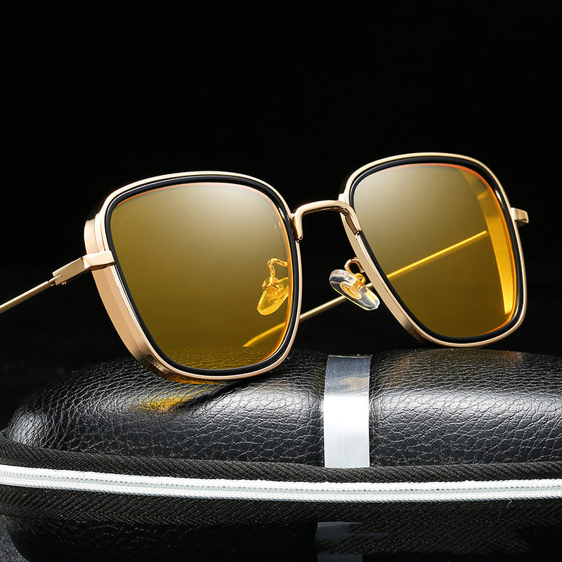 A pair of Maramalive™ women's sunglasses metal vintage square steampunk sitting on top of a case.