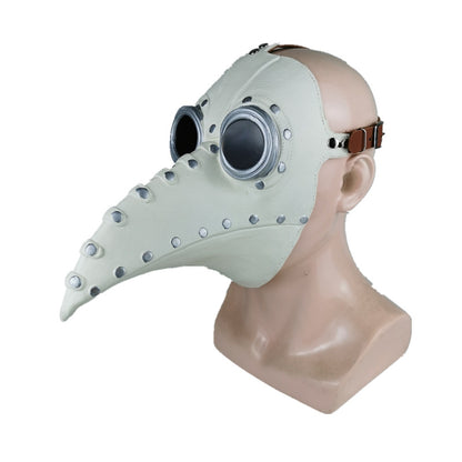 A man in a yellow jacket wearing a Maramalive™ Halloween Cosplay Props Medieval Steampunk Plague Doctor Bird Mask.