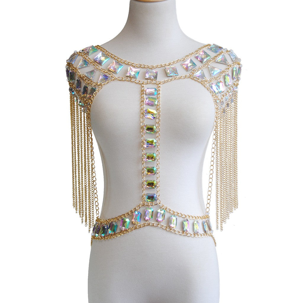 A Maramalive™ mannequin with a Gold Glitter Gemstone Backpack Chain.