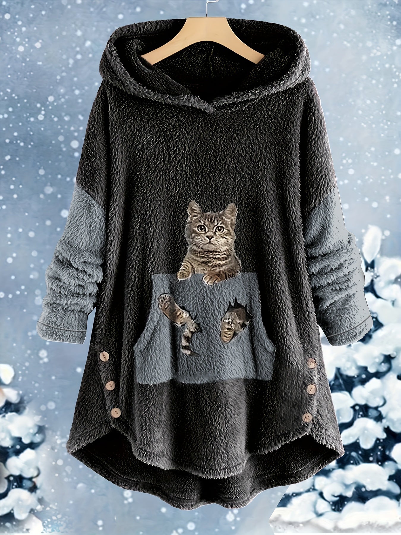 A Plus Size Casual Outfits Two Piece Set, Women's Plus Cat Print Fleece Long Sleeve Button Decor Hoodie & Pants Outfits 2 Piece Set by Maramalive™.