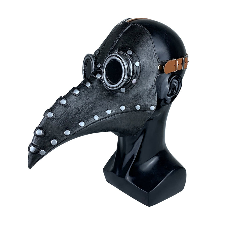 A man in a yellow jacket wearing a Maramalive™ Halloween Cosplay Props Medieval Steampunk Plague Doctor Bird Mask.