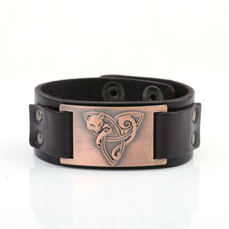 A Triangle Fox Metal Bracelet Couple Leather Bracelet with a celtic design on it by Maramalive™.