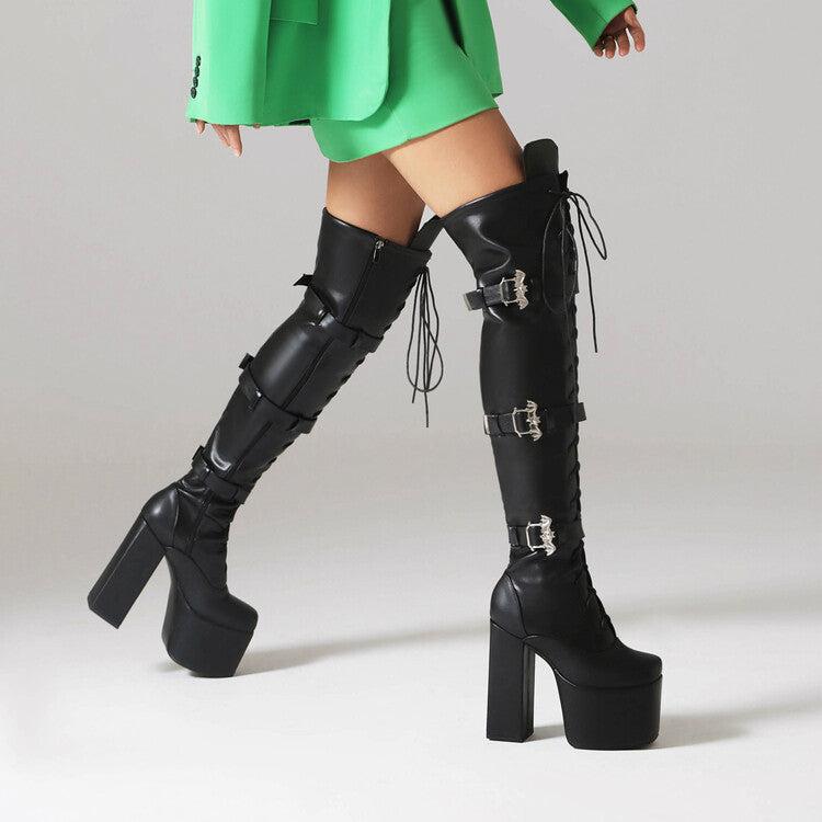 Night Club Lace-up Belt Buckle Over The Knee Boots