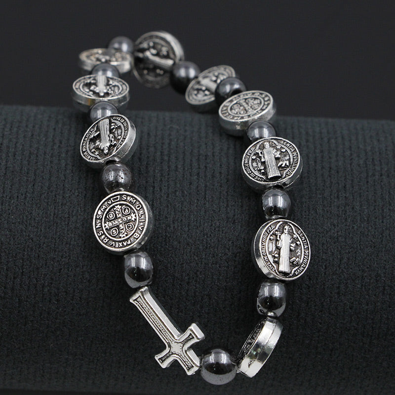 Religious Character Pattern Hematite Rosary Bracelet