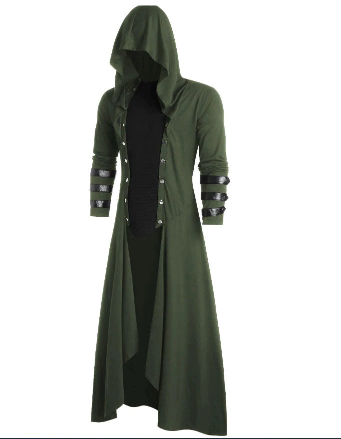 A Windbreaker Men's Retro Long Coat Men's Steampunk Gothic Style on a mannequin.