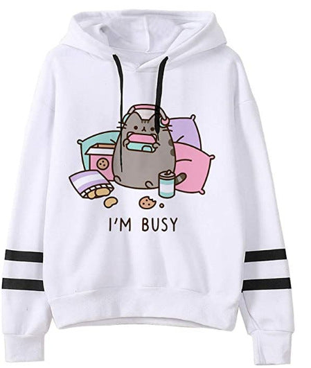 Maramalive™ Cozy Loose Fit Hoodies for Snug, Comfortable Warmth with black stripes on the sleeves featuring a cartoon cat lounging among snacks and pillows. Made from soft fleece fabric, this cozy and comfortable hoodie reads "I'M BUSY" below the cat.