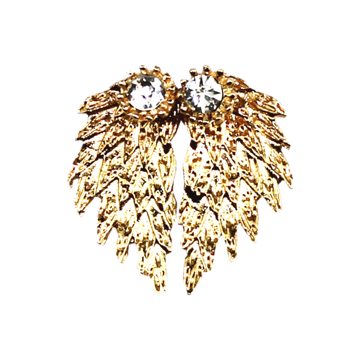 A woman wearing a stunning pair of Maramalive™ Angel Wings Women Earrings Inlaid Crystal Ear Jewelry Earring Party Gothic Feather Earrings Fashion Bijoux Gold Color.