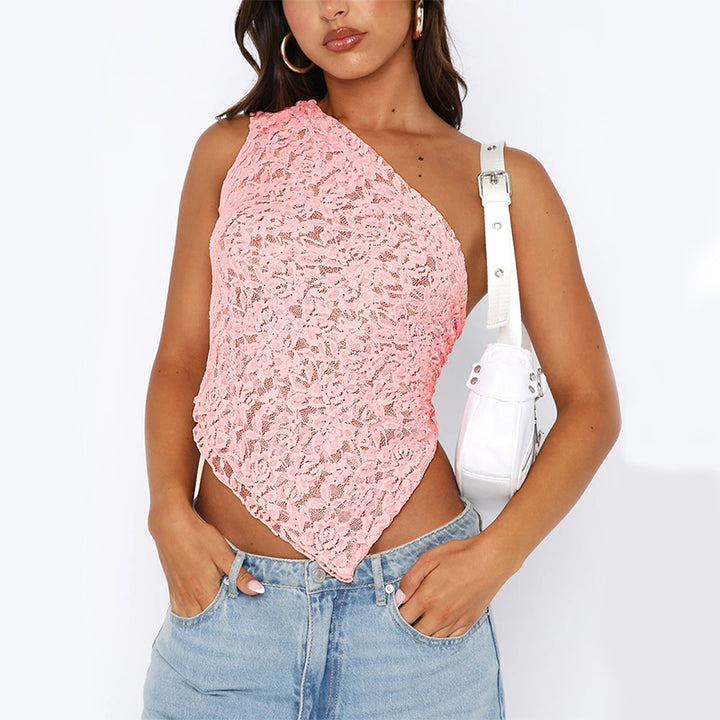 A person exudes street hipster style in a Maramalive™ Ins Lace Backless Top Summer Solid Color Waistless Asymmetrical Sloped Neck Vest Streetwear Womens Clothes paired with light blue jeans and a white shoulder bag.