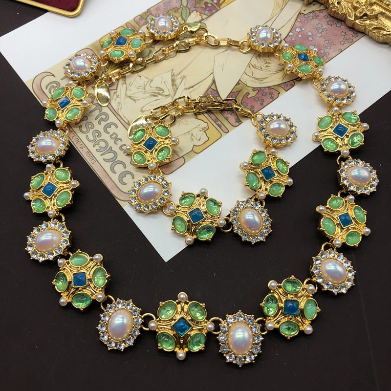 Flower Gem Diamond Necklace Bracelet Ear Studs Gold Plated Suit