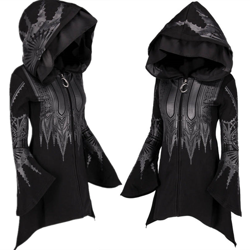 Front and back view of a black, gothic-style "Halloween Cosplay Hoodie Women's Punk Black Long Hooded Printed Sweater" by Maramalive™, crafted from polyester fabric with detailed silver patterns, a ring pull zipper, flared sleeves, and a large hood.