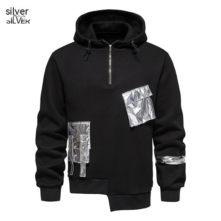 **Maramalive™ Men's Loose Dark Hoodie** with unique silver patches and a zipper on the front. This long sleeve design features various textured patterns and an asymmetrical hem, crafted from durable polyester fiber.
