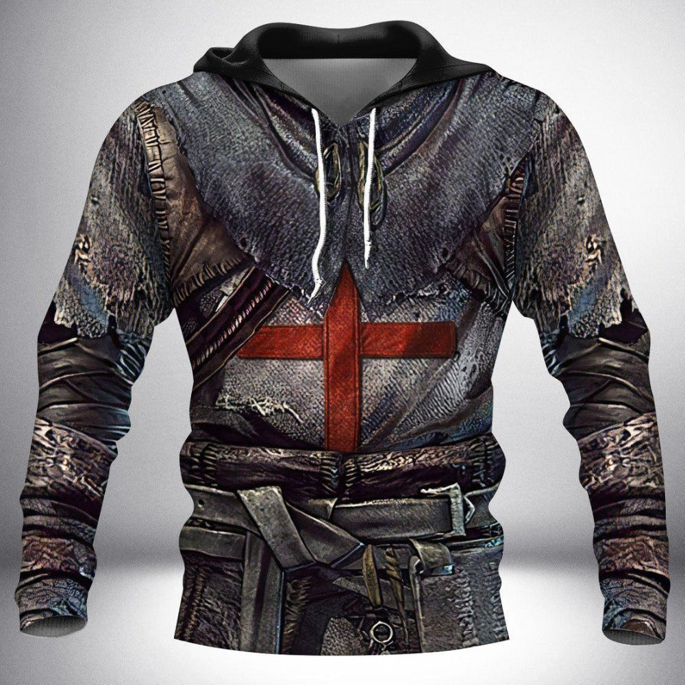 Maramalive™ Men's Hoodie 3D Digital Printing Hoodie with medieval armor design featuring a red cross on the chest and detailed armor pattern throughout, made from durable polyester.