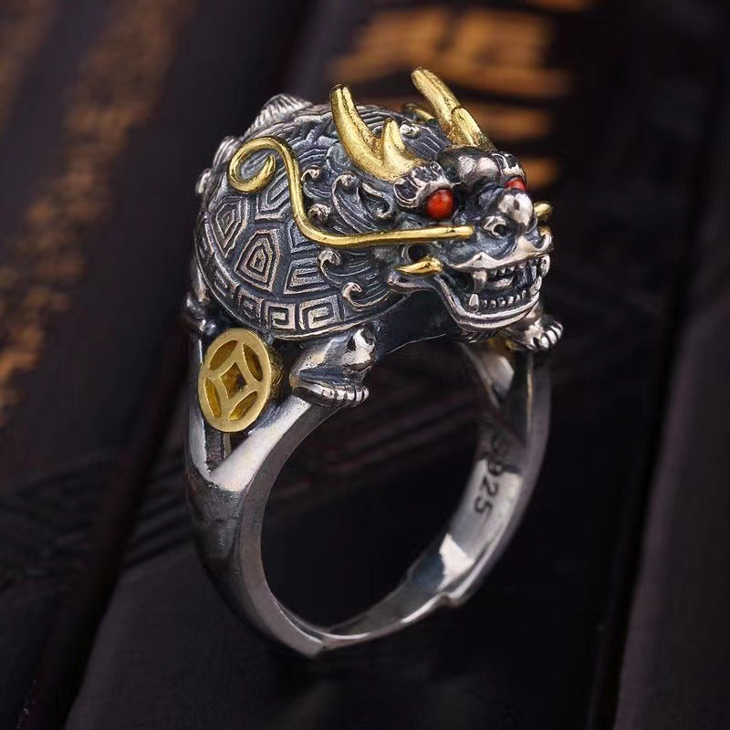 A Maramalive™ Men's Vintage Open Sculpture Dragon Turtle Ring.