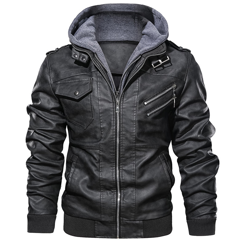 Maramalive™ Casual Biker Faux Leather Jacket with Hood - Motorcycle Faux Leather Coat.