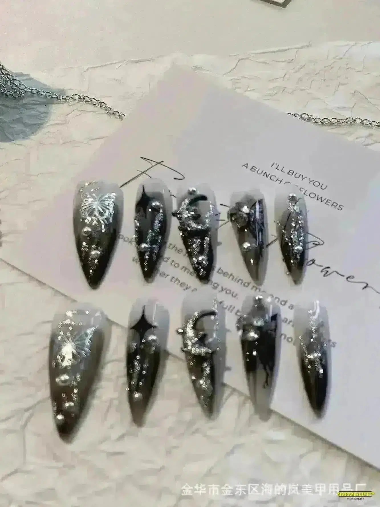 10-Piece Gothic Dark Punk Style Handmade Press-on False Nails with Dynamic Metal Liquid Butterfly Artwork