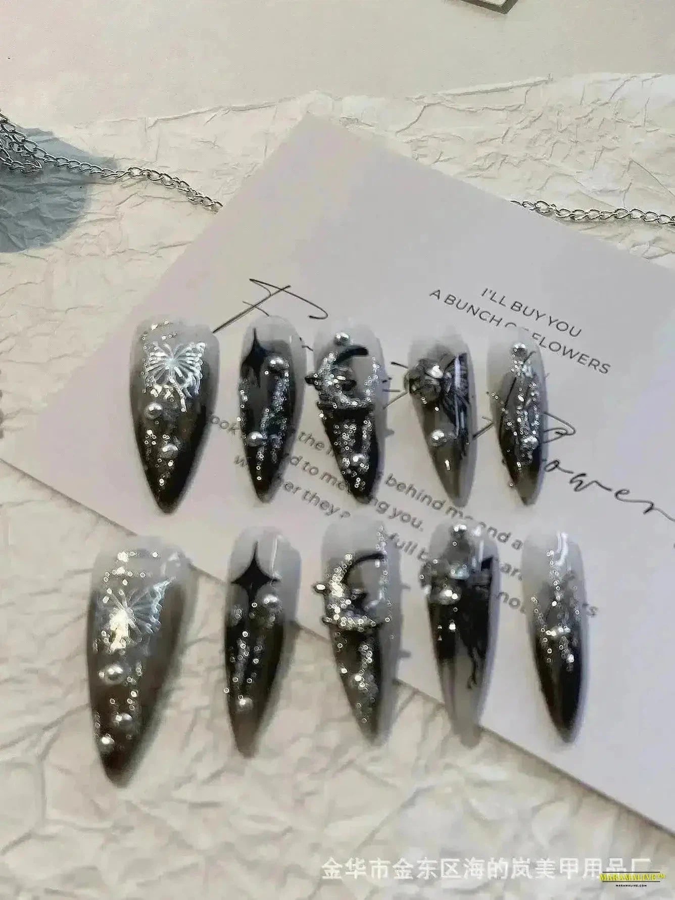 10-Piece Gothic Dark Punk Style Handmade Press-on False Nails with Dynamic Metal Liquid Butterfly Artwork