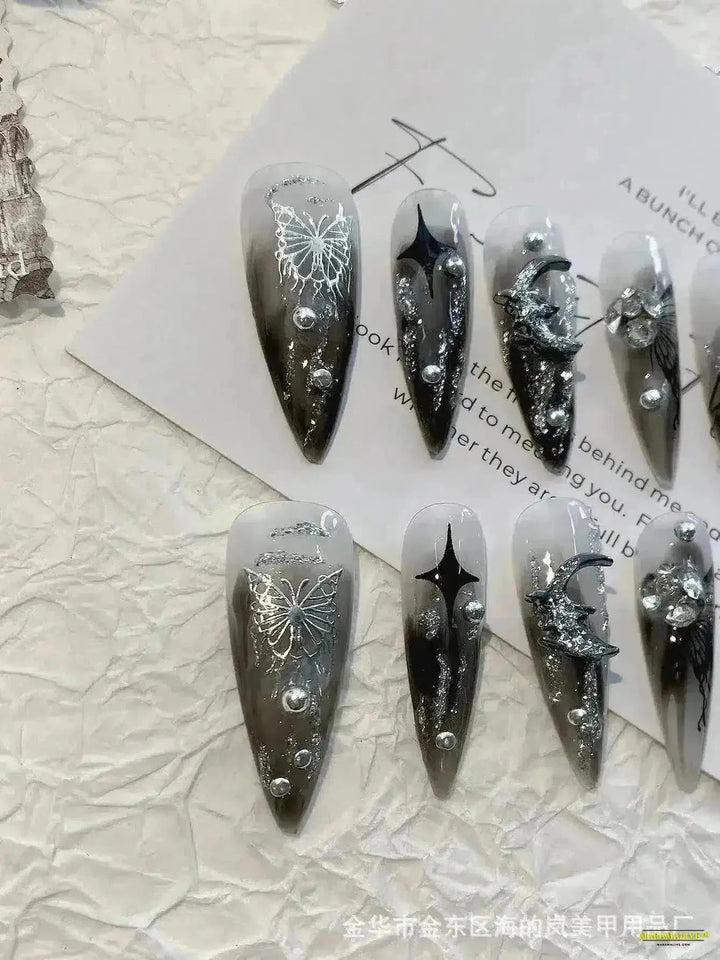 10-Piece Gothic Dark Punk Style Handmade Press-on False Nails with Dynamic Metal Liquid Butterfly Artwork