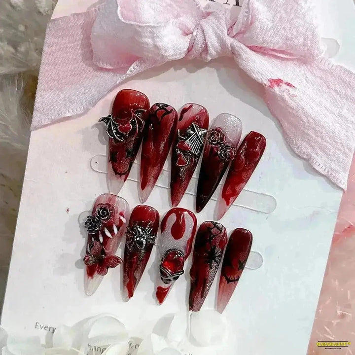 10-Piece Gothic Dark Punk Style Handmade Press-on False Nails with Dynamic Metal Liquid Butterfly Artwork