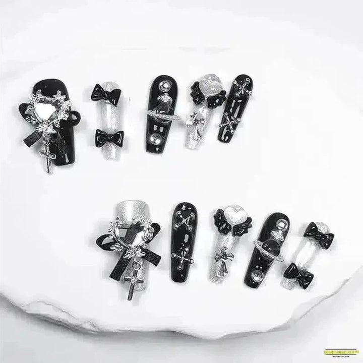 10-Piece Punk Gothic Handmade Black Long Press-On Nails with Intricate Bows and Cameo Decorations - Reusable & Perfect for Daily Wear