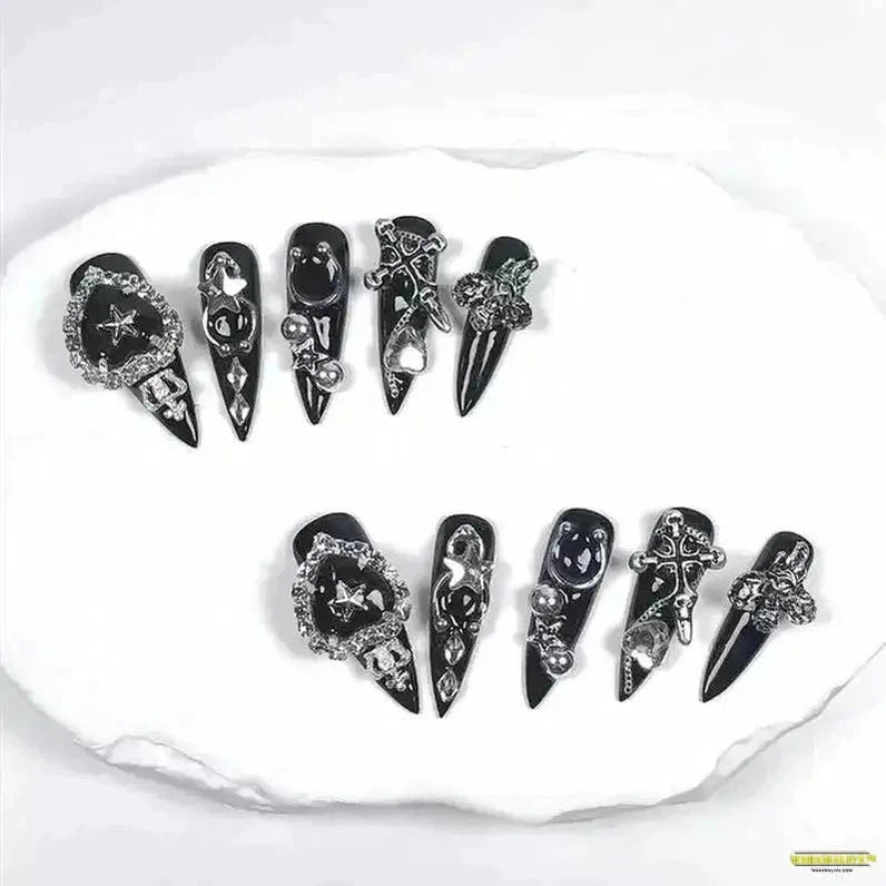 10-Piece Punk Gothic Handmade Black Long Press-On Nails with Intricate Bows and Cameo Decorations - Reusable & Perfect for Daily Wear