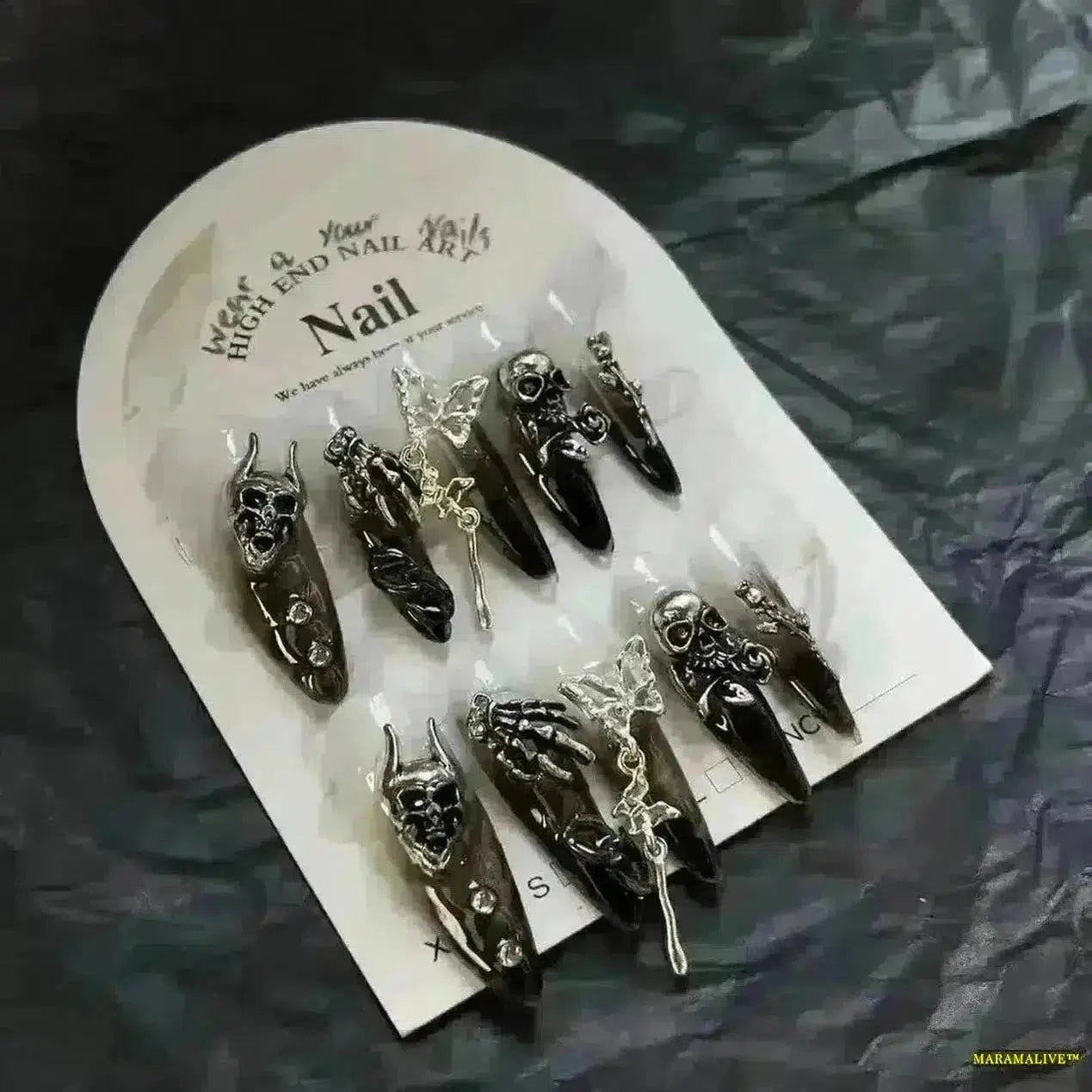 10-Piece Set Dark Gothic Handmade False Nails - Black Rhinestone Demon Embellishment - Reusable Acrylic Art Nails Tips