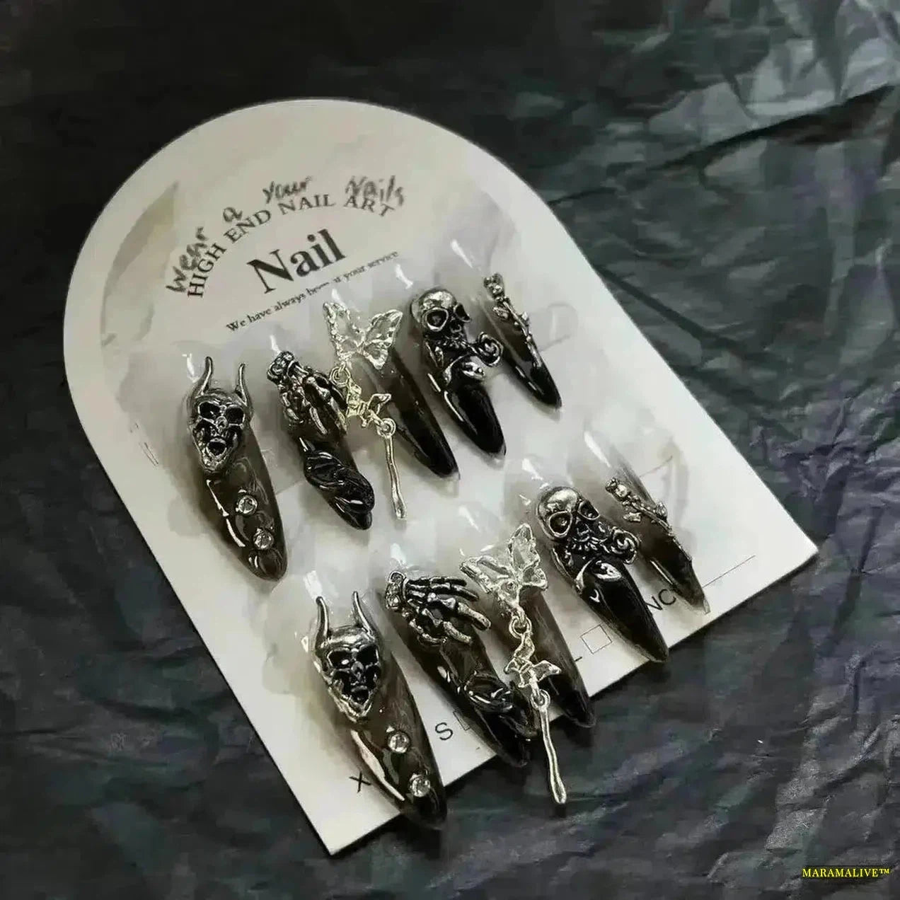 10-Piece Set Dark Gothic Handmade False Nails - Black Rhinestone Demon Embellishment - Reusable Acrylic Art Nails Tips