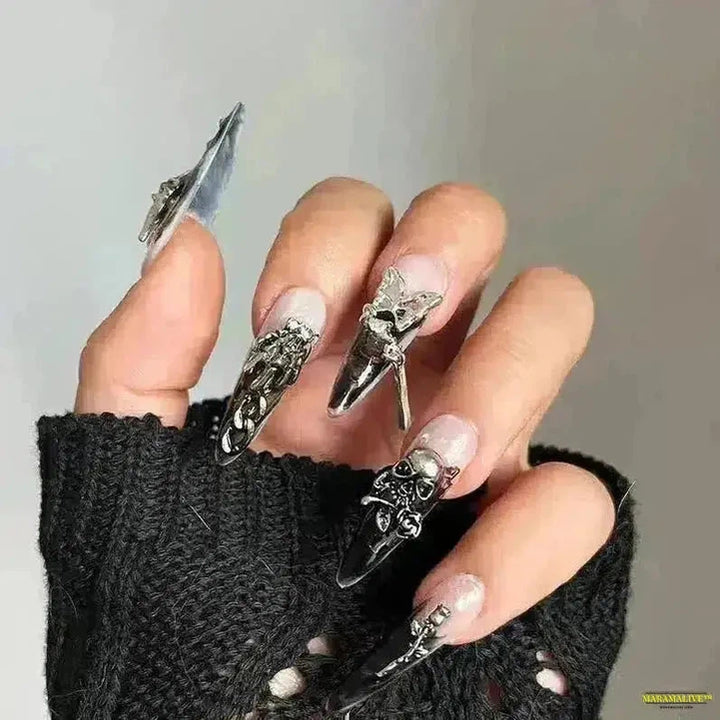 10-Piece Set Dark Gothic Handmade False Nails - Black Rhinestone Demon Embellishment - Reusable Acrylic Art Nails Tips