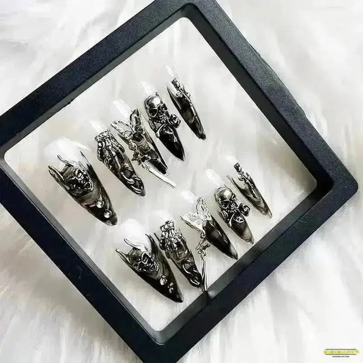 10-Piece Set Dark Gothic Handmade False Nails - Black Rhinestone Demon Embellishment - Reusable Acrylic Art Nails Tips