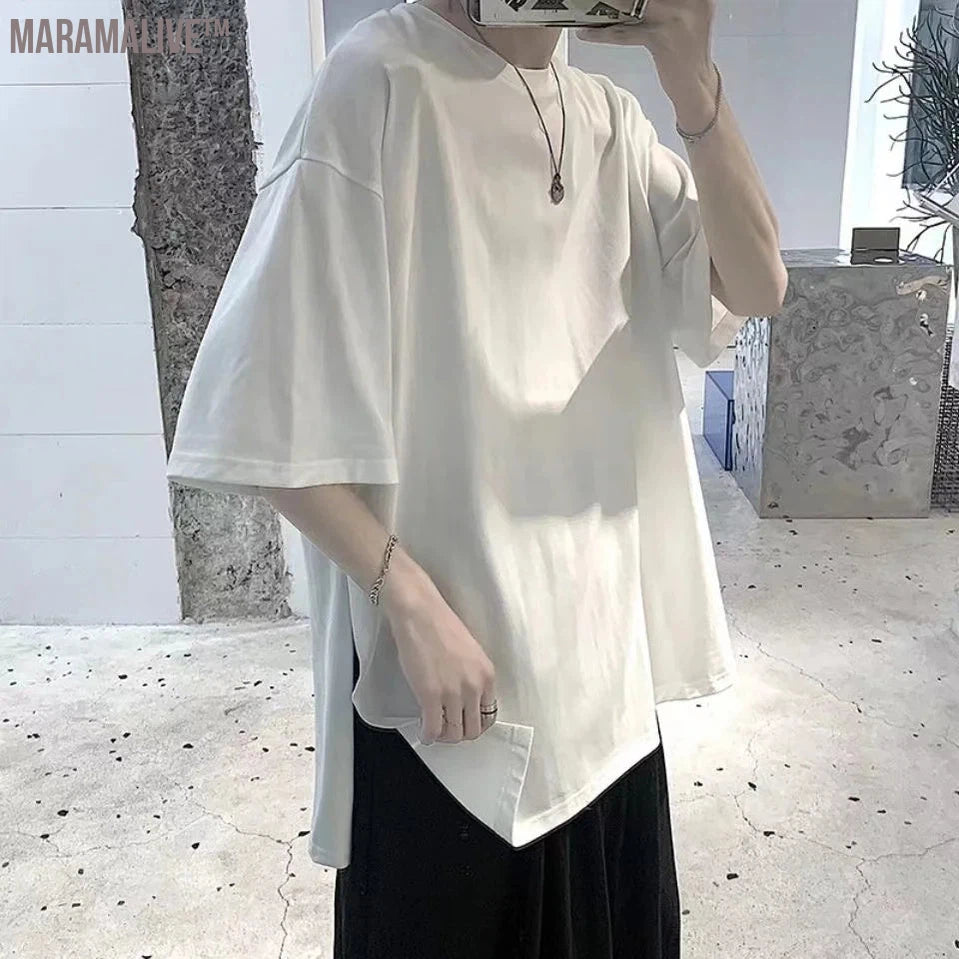 100% Cotton Summer Men Darkness Yamamoto Wind Side Slit Loose Wide Short Sleeve T-Shirt Big Hot Sale Broad Ins Hiphop Tops