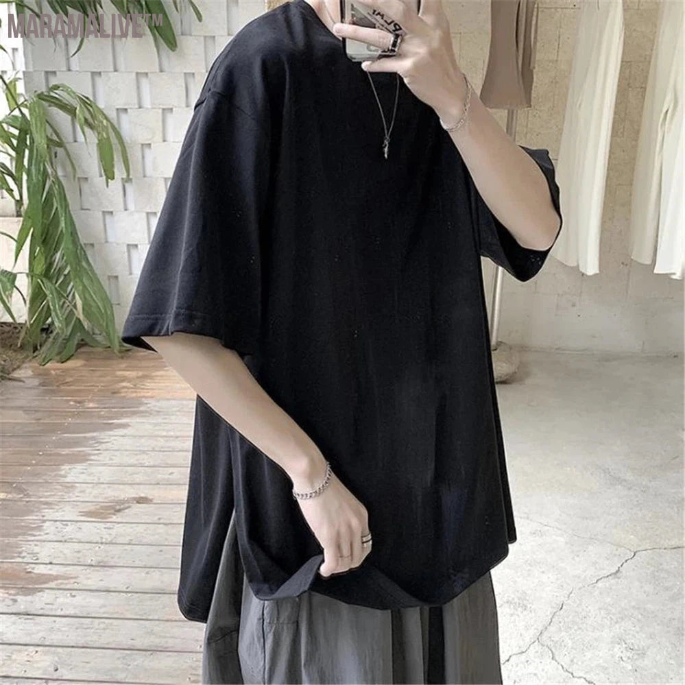 100% Cotton Summer Men Darkness Yamamoto Wind Side Slit Loose Wide Short Sleeve T-Shirt Big Hot Sale Broad Ins Hiphop Tops