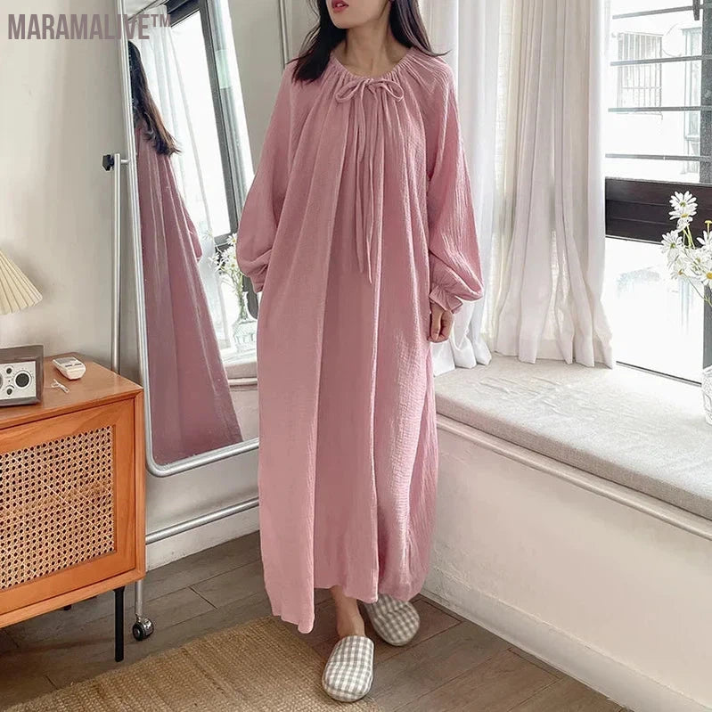 100% Cotton Women Dress Floral Casual Long-Sleeved Bandage Tie Up Oversized Loose Soft Comfortable Home Clothes Outside