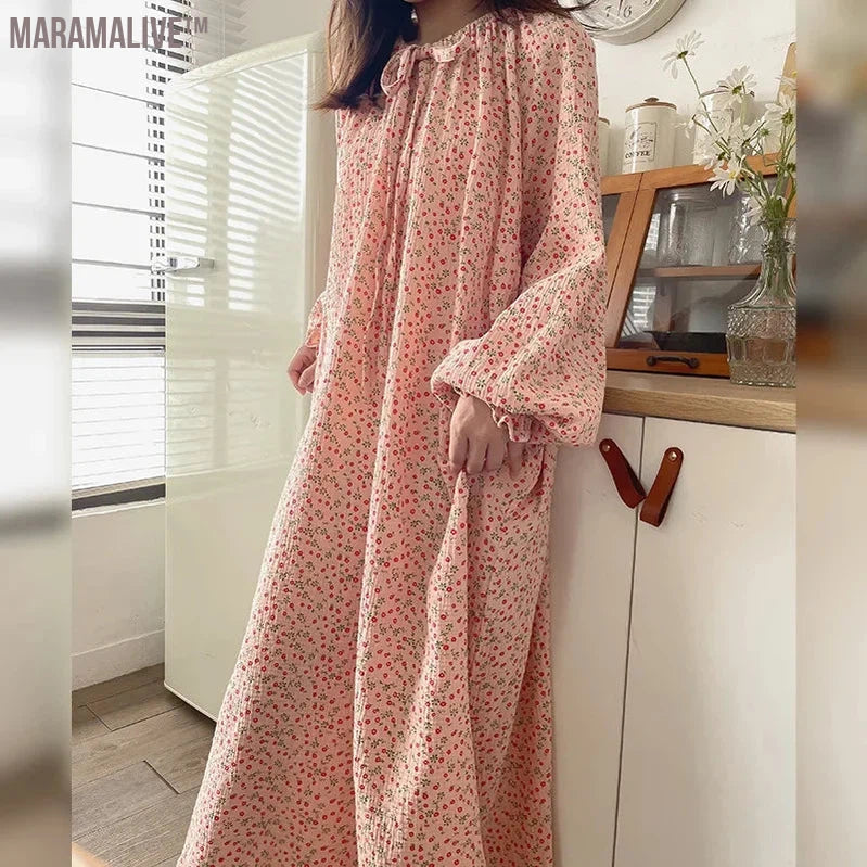 100% Cotton Women Dress Floral Casual Long-Sleeved Bandage Tie Up Oversized Loose Soft Comfortable Home Clothes Outside